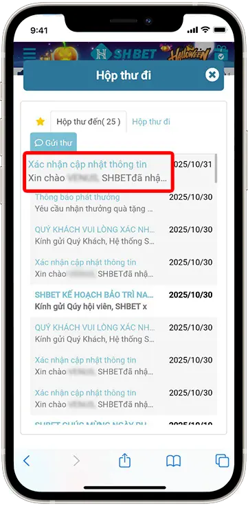 Bước 3:  Tại hộp thư chọn thư có tiêu đề  "XÁC NHẬN CẬP NHẬT THÔNG TIN"